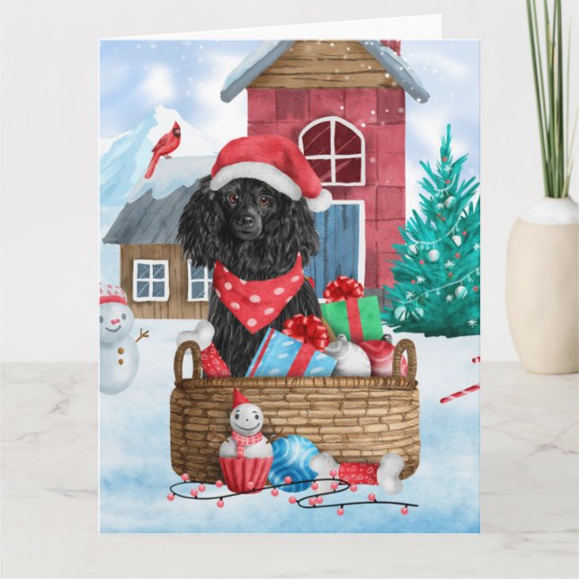 Carte Chien Caniche Dans Maison de chien de Noël enneigé (Devant)