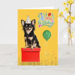 Carte Chien Chihuahua à longs poils Chapeau de fête jaun