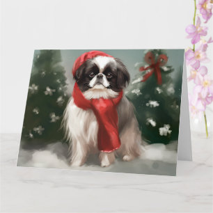 Carte Chien chinois japonais à Noël de neige