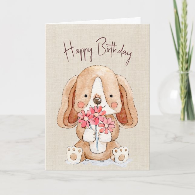 Carte Chien chiot avec fleurs (Devant)