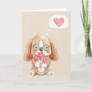 Carte Chien chiot avec fleurs pensant à vous