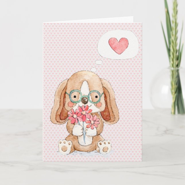 Carte Chien chiot avec fleurs pensant à vous (Devant)