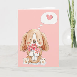 Carte Chien chiot avec fleurs pensant à vous