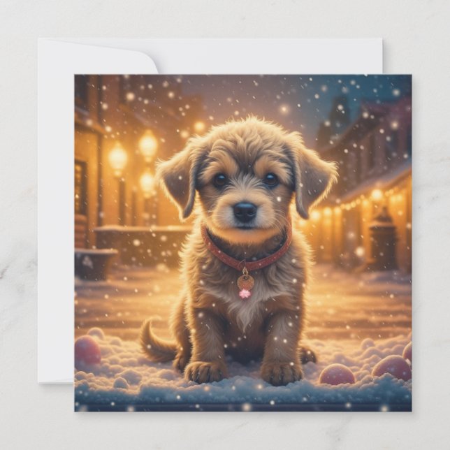 Carte Chien chiot dans la neige Noël personnalisé (Devant)