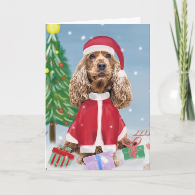 Carte Chien Cocker Spaniel dans la neige avec des cadeau (Devant)