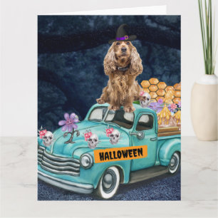 Carte Chien Cocker Spaniel Halloween Camion Nuit Effraya