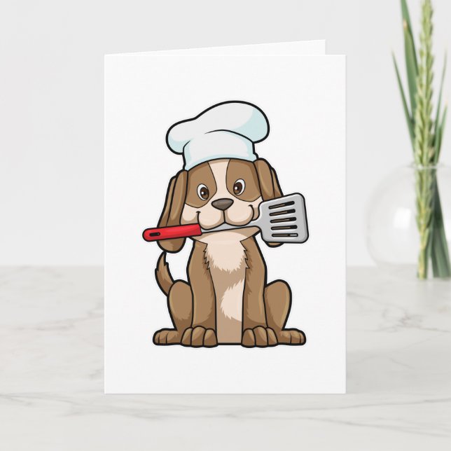 Carte Chien comme cuisinier avec chapeau de chef et spat (Devant)