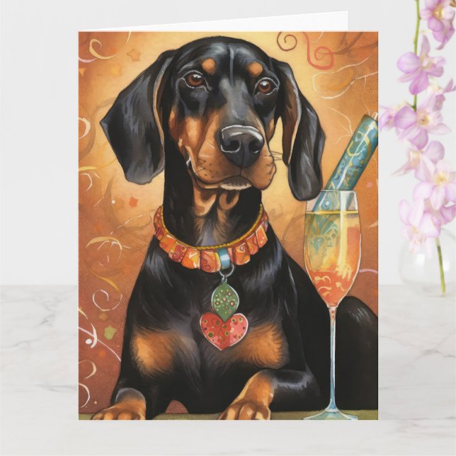 Carte Chien courant noir et feu Nouvel An  (Orchidée)