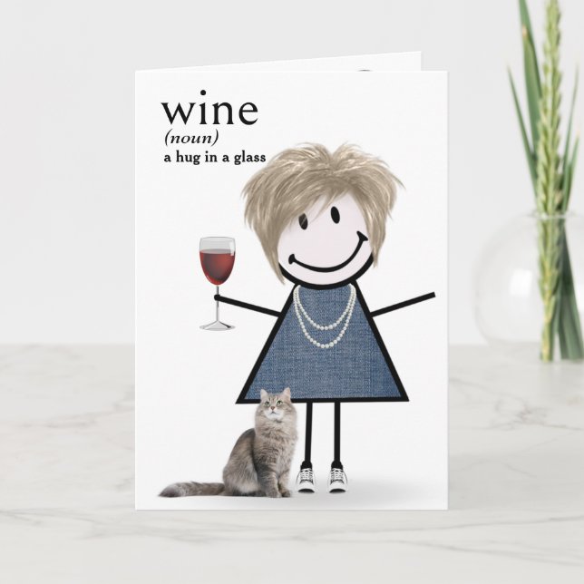 Carte Chien D'Anniversaire Fille Avec Vin Et Chat (Devant)