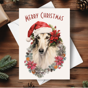 Carte Chien de Borzoi Santa Hat Rouge Poinsettias Noël