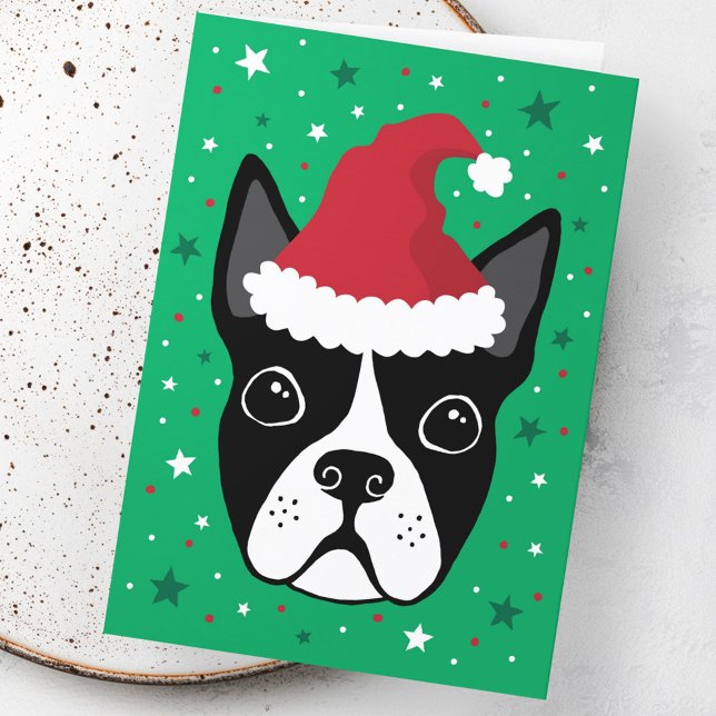 Carte Chien de Boston portant le chapeau de Noël (Boston terrier dog wearing Santa hat Christmas Card)