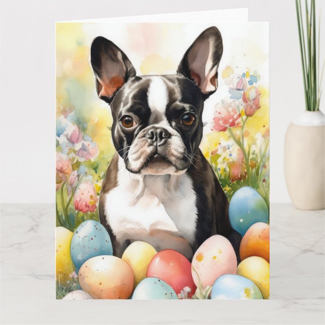 Carte Chien de Boston Terrier avec oeufs de Pâques vacan (Devant)