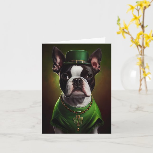 Carte Chien de Boston Terrier en Robe du Jour de la Sain (Fleur jaune)