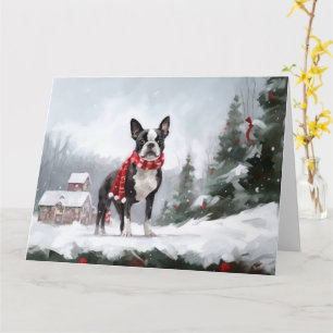 Carte Chien de Boston Terrier pendant Noël de neige