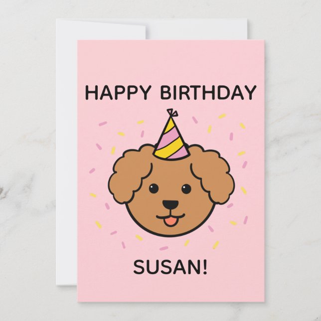 Carte Chien de caniche | Plat d'anniversaire rose et jau (Devant)