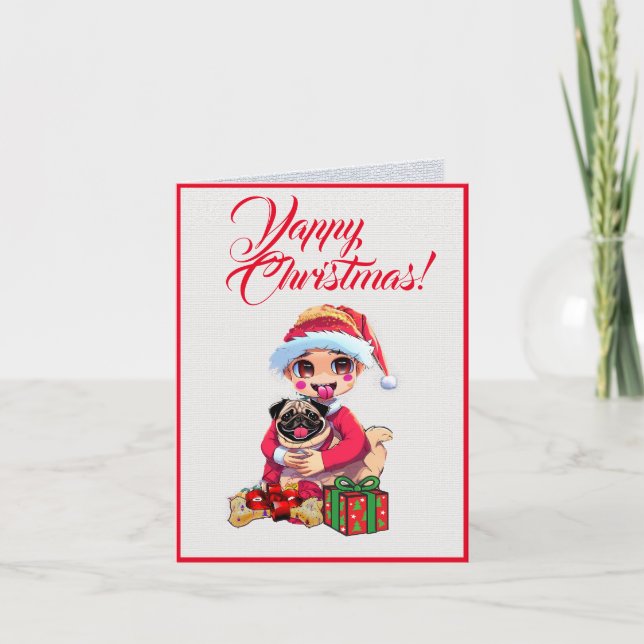 Carte Chien De Carlin Cute Avec Petite Fille Noël (Devant)