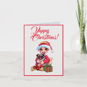 Carte Chien De Carlin Cute Avec Petite Fille Noël