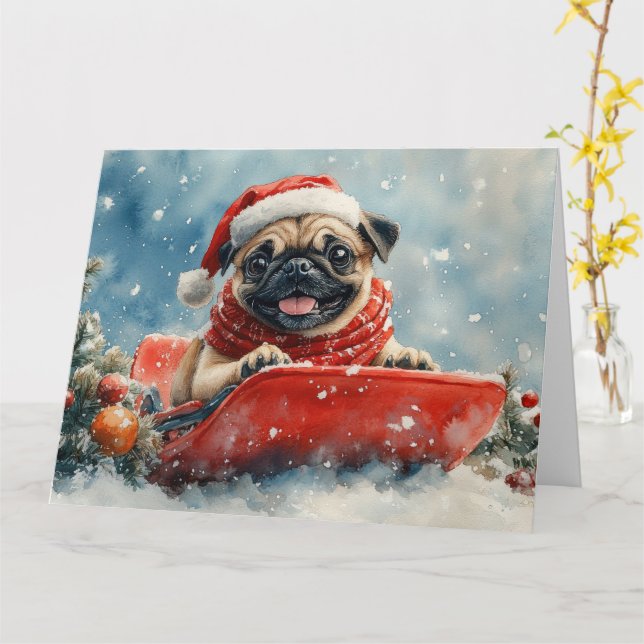 Carte Chien de carlin dans la boue Laisser il neige Noël (Fleur jaune)