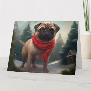 Carte Chien de carlin en Noël de neige