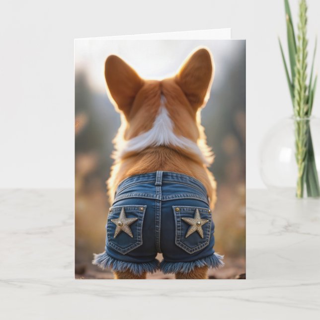 Carte Chien de Corgi d'anniversaire portant le bleu Jean (Devant)
