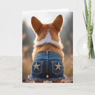 Carte Chien de Corgi d'anniversaire portant le bleu Jean