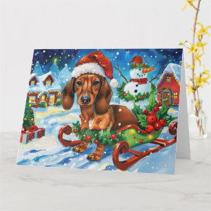 Carte Chien de Dachshund à Sleigh Noël de neige