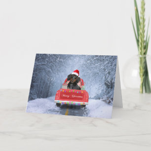 Carte Chien de Dachshund en neige assis sur un camion de