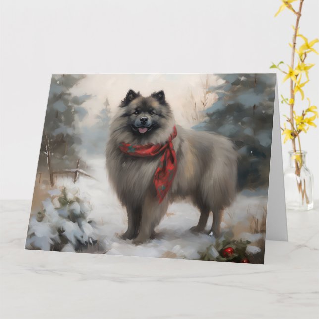 Carte Chien de Keeshond à Noël de neige (Fleur jaune)