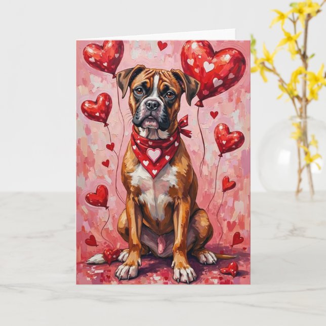 Carte Chien de la Saint-Valentin Boxer avec des cœurs ro (Fleur jaune)