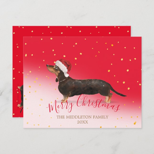 Carte Chien de Noël Dachshund Gold Red Salutation saison (Devant / Derrière)