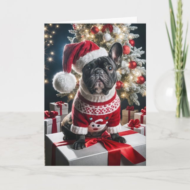 Carte Chien de Noël Français avec chapeau de Père Noël (Devant)