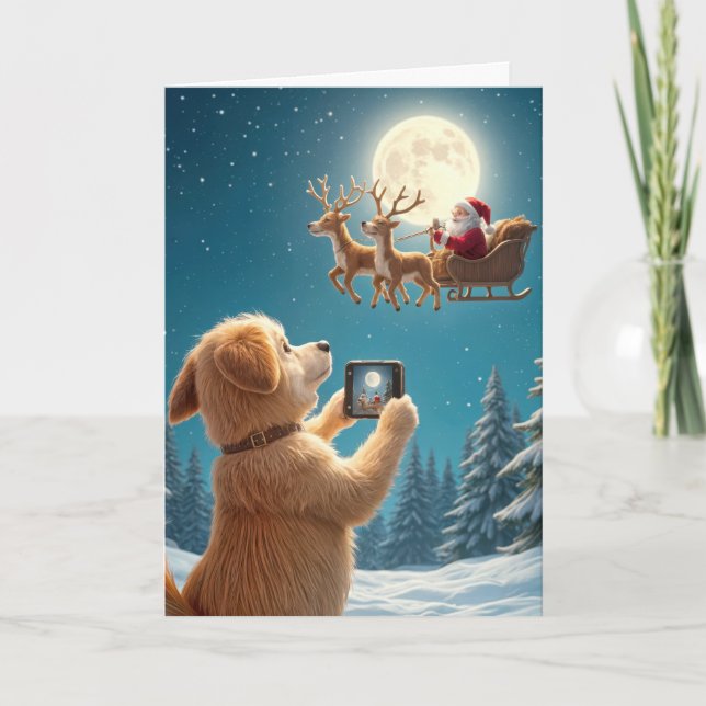Carte Chien de Noël photographiant le Père Noël dans son (Devant)