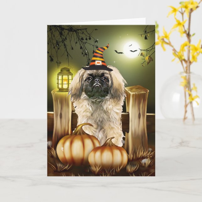 Carte Chien de Pékin avec Casquette de sorcière Hallowee (Fleur jaune)