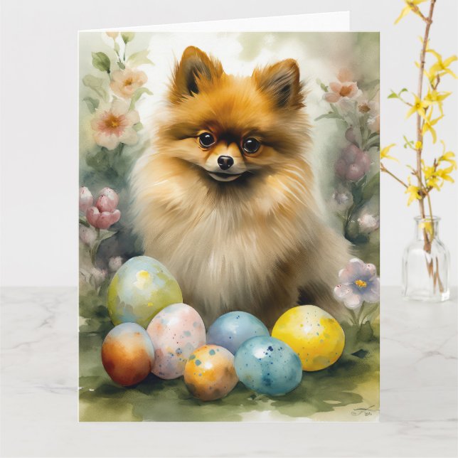 Carte Chien de Poméranie avec oeufs de Pâques vacances (Fleur jaune)