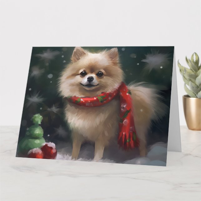 Carte Chien de Poméranie en Noël de neige (Petite plante)