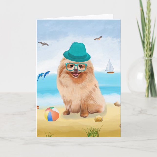Carte Chien de Poméranie sur la plage (Devant)