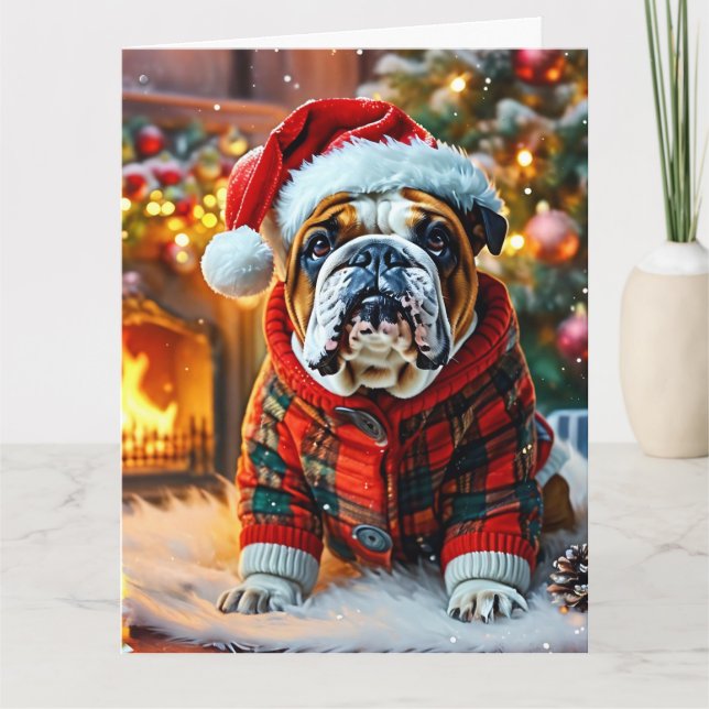 Carte Chien de taureau anglais avec chapeau de Père Noël (Devant)