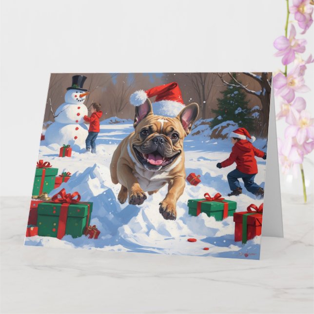 Carte Chien de taureau français coule en neige avec Casq (Orchidée)