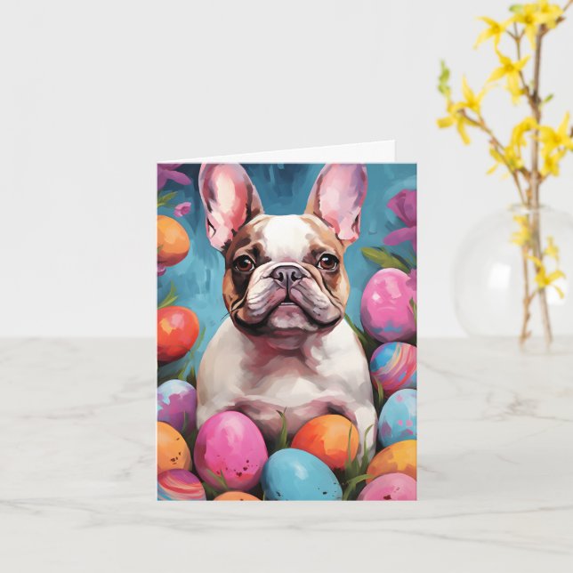 Carte Chien de taureau français heureux Pâques (Fleur jaune)