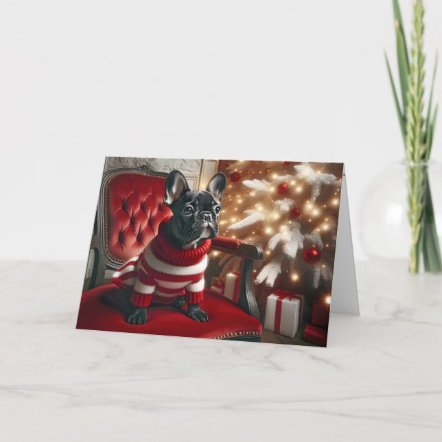 Carte Chien de taureau noir de Noël sur une chaise rouge (Devant)