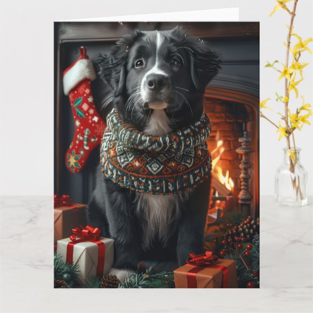 Carte Chien de Terre-Neuve avec des cadeaux de Noël chem (Fleur jaune)