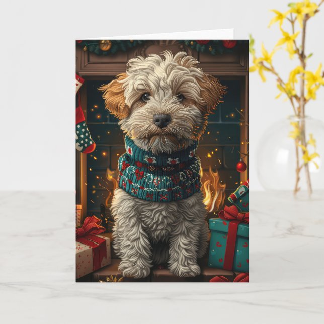 Carte Chien de Terrier avec des cadeaux de Noël cheminée (Fleur jaune)