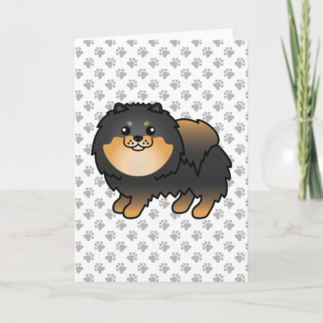 Carte Chien et pattes de caricature noir et tan Pomérani (Devant)
