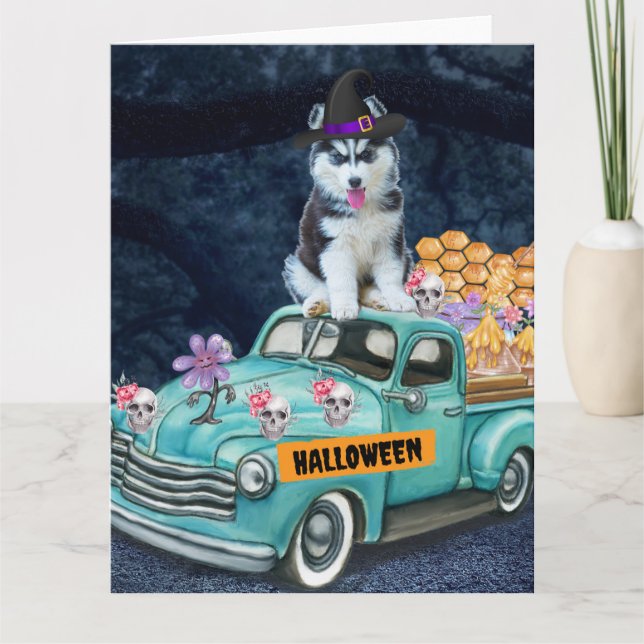 Carte Chien Husky Sibérien Halloween Camion Nuit Effraya (Devant)