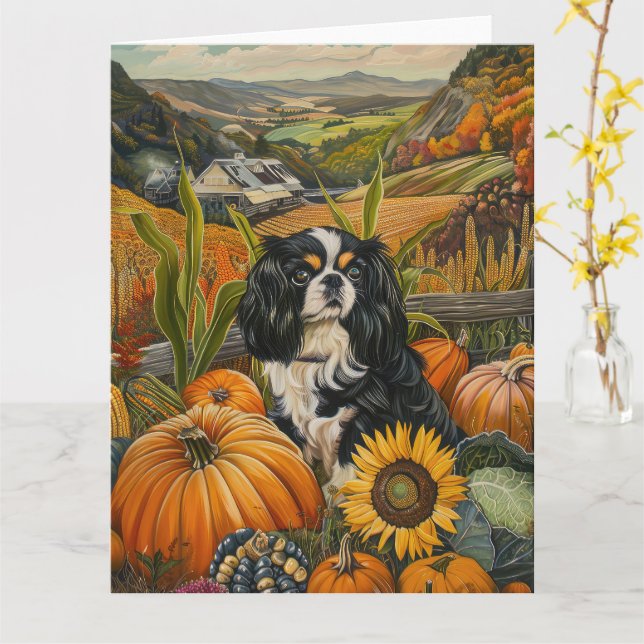 Carte Chien japonais Chin Automne Moisson Thankesgiving (Fleur jaune)