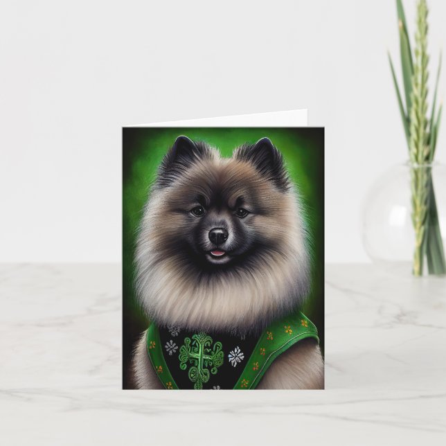 Carte Chien Keeshond en robe de la Saint-Patrick (Devant)