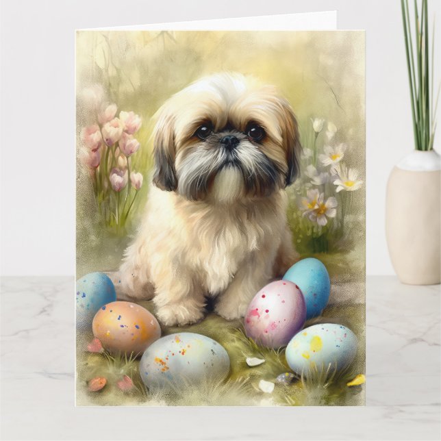 Carte Chien Lhassa Apso avec oeufs de Pâques vacances (Devant)