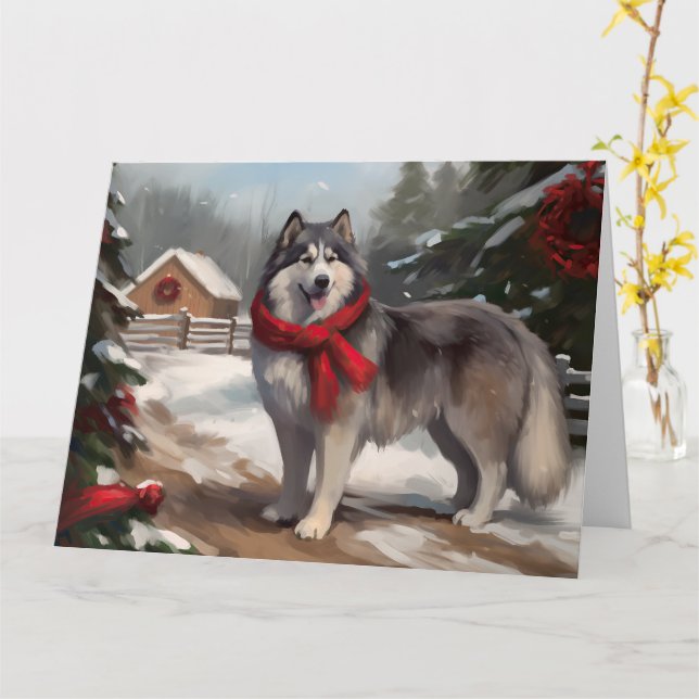 Carte Chien malamué de l'Alaska en Noël de neige (Fleur jaune)
