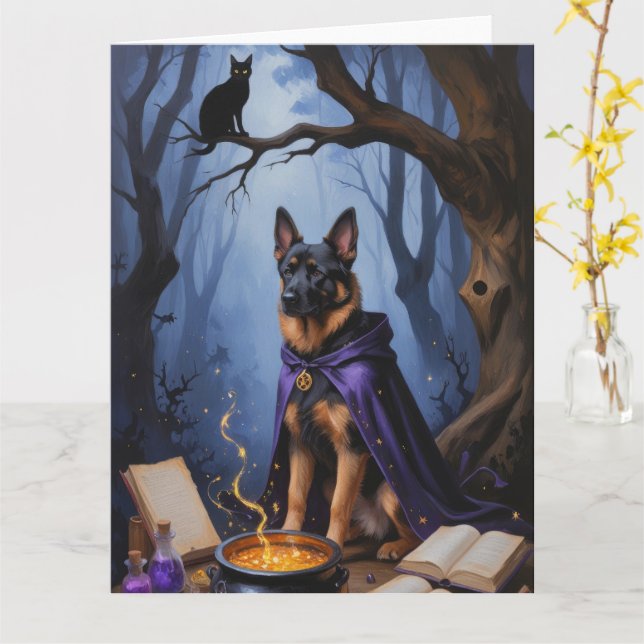 Carte Chien Malinois belge Peinture d'Halloween lunaire (Fleur jaune)