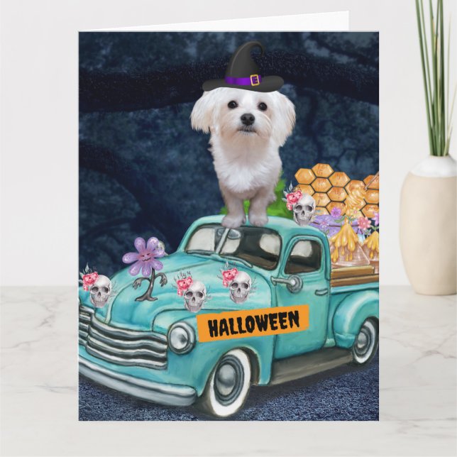 Carte Chien maltais Halloween Camion Effrayant nuit (Devant)